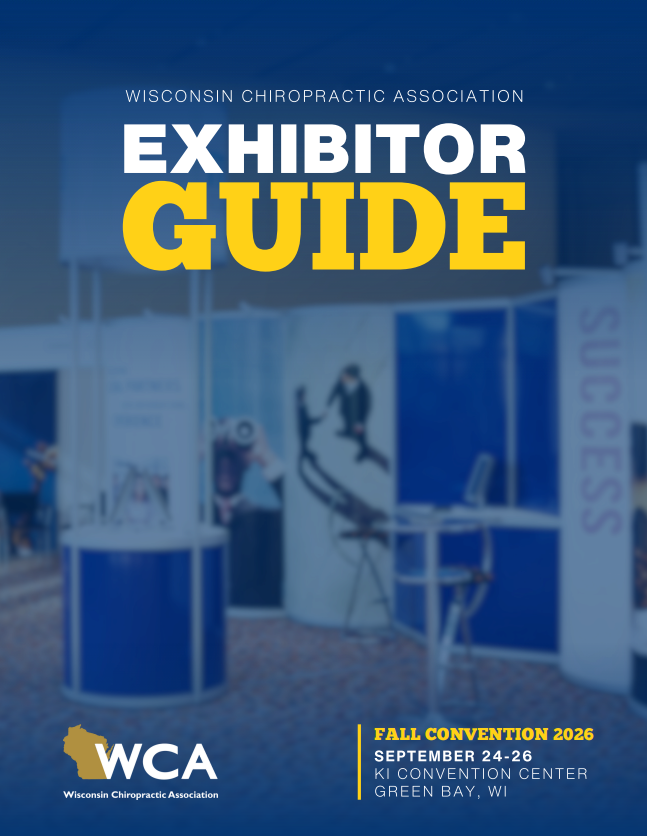 Exhibitor Guide Cover | Wisconsin Chiropractic Association Cover image for the Wisconsin Chiropractic Association Exhibitor Guide: bold white and yellow text over a blue blurred convention scene, with WCA logo and fall convention details (Sept 24–26, 2026, KI Convention Center, Green Bay, WI).