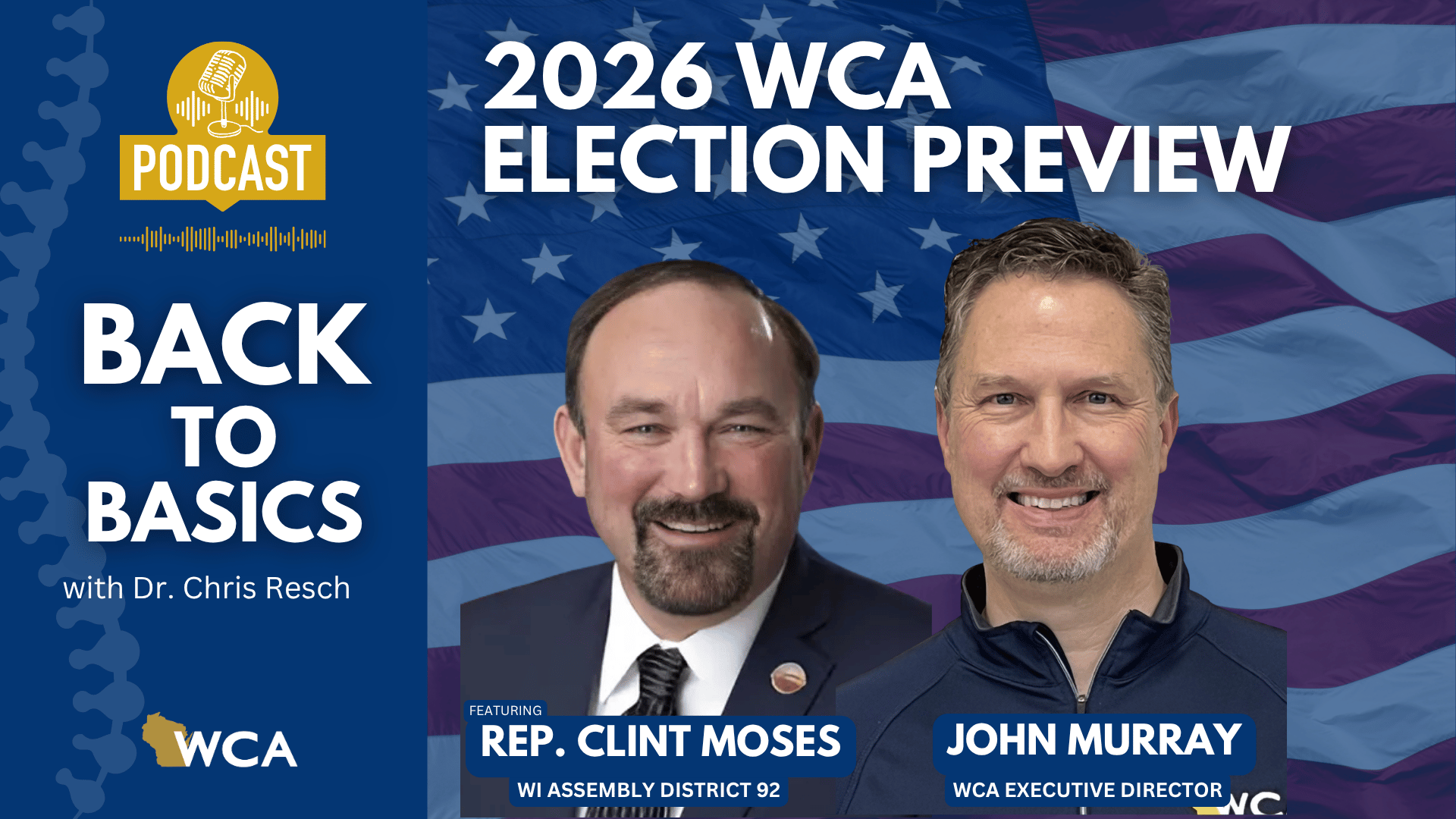 Podcast cover for 2026 WCA Election Preview featuring two hosts against a waving American flag with a blue left panel reading 'Back to Basics'.